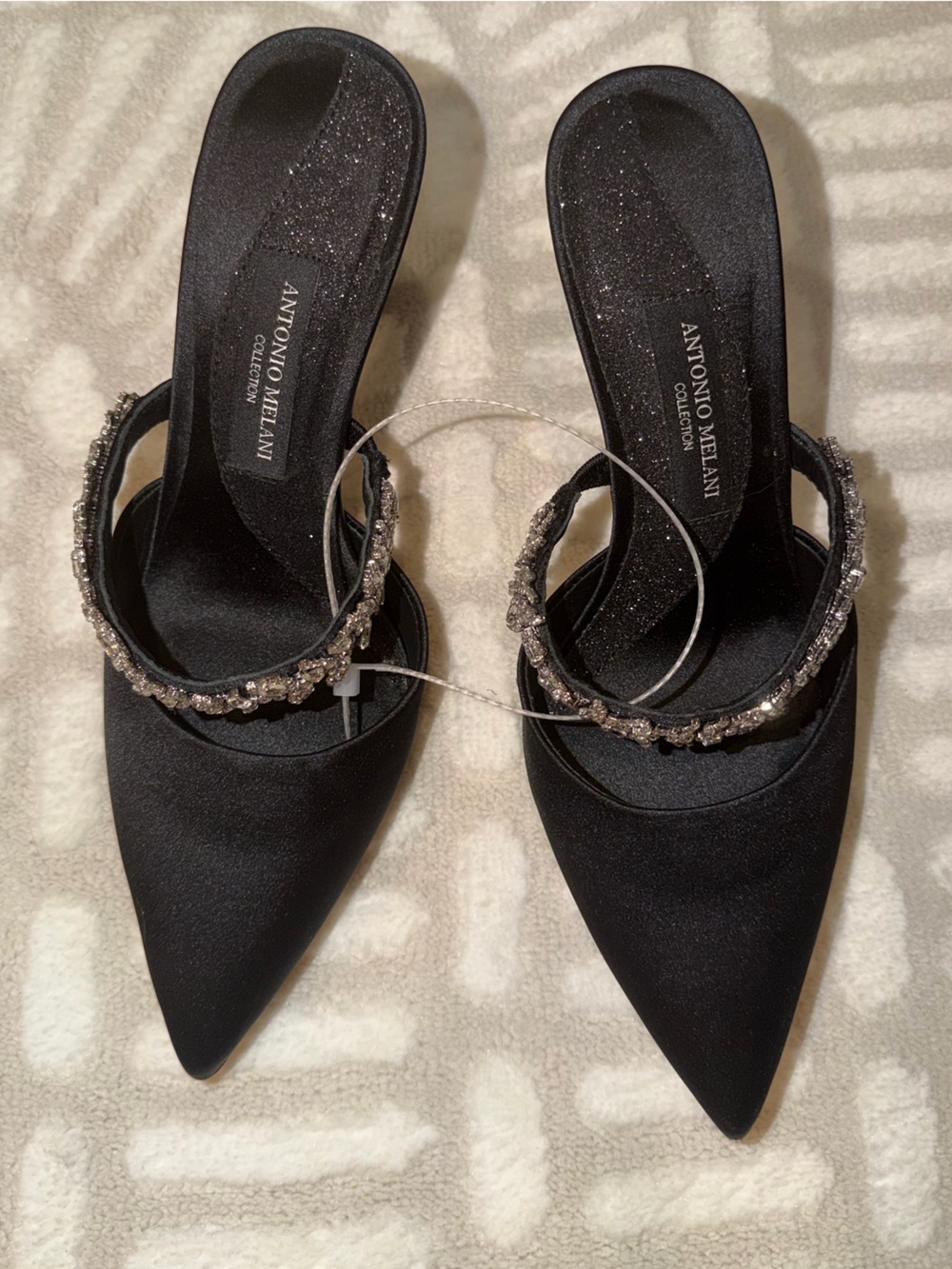 Antonio Melani Collection Black Satin Crystal Strap Heels Size 7.5